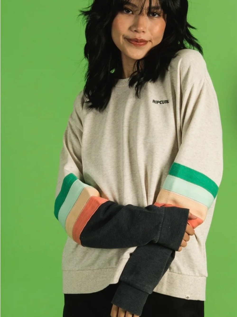 Rip Curl Cream Crewneck Sweater with Multicolor Stripe Sleeves